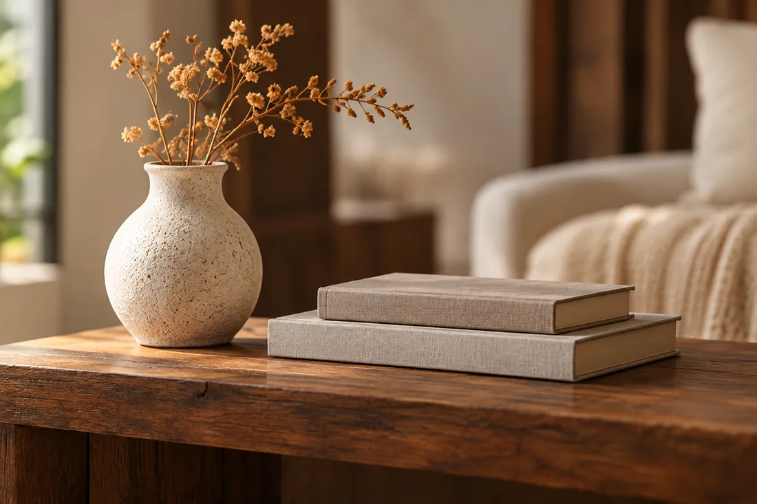 Vaso de cerâmica com galhos secos e livros sobre uma mesa de madeira