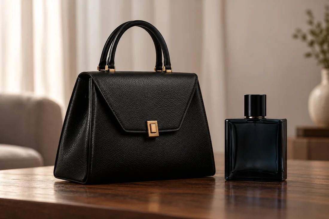 Bolsa preta estruturada ao lado de um frasco de perfume