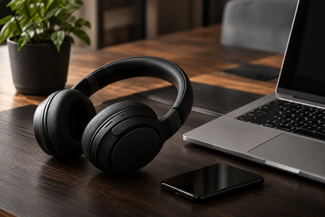 Fones pretos numa mesa, ao lado de um notebook e de um celular